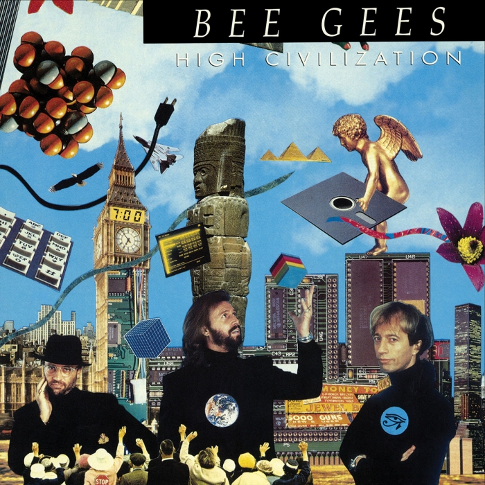 Bee Gees high civilization, photo composite with the brother gibb wearing all black, illustration of london in the background and technology item flying around in the sky, floppy disc, cube, power cord, eagle, keyboard, jet