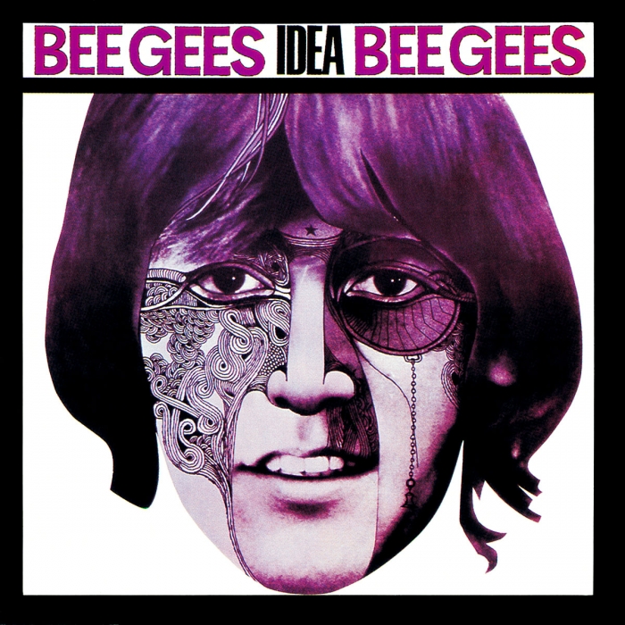 Bee Gees idea BeeGees, illustration of maurice gibb with half face in line art and the other half with a monocle, purple tint