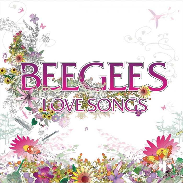 Bee Gees, love songs, white background with colorful flowers, a lady bug, a guitar, some leaves and branches, butterflies, birds, pink letters with white outline.