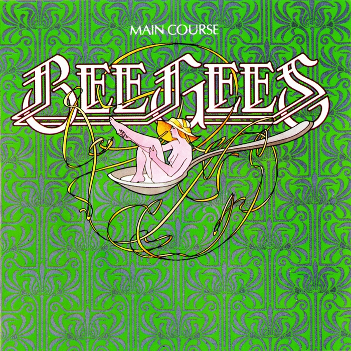 main course, Bee Gees, art deco illustration with green background and a naked lady in a yellow hat