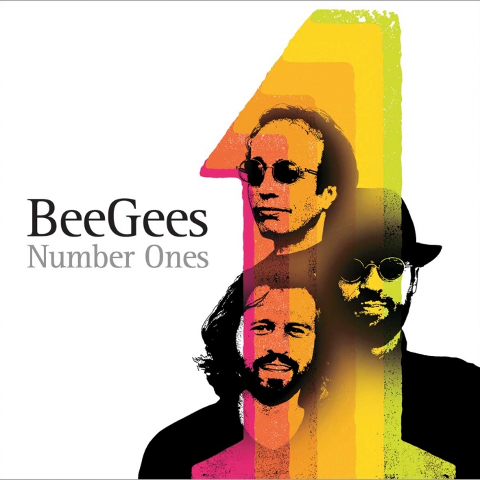 Bee Gees written in bold black, number one written in light grey, three men two wearing sunglasses, medium shots, big number 1 on the right side of the cover, pink, oragne, yellow, green stripes of color.