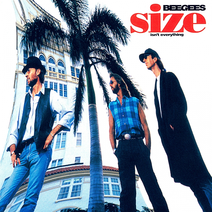 Bee Gees, size isn't everything, fun house mirror effect making the brothers gibb appear taller, miami style hotel and palm tree in teh background