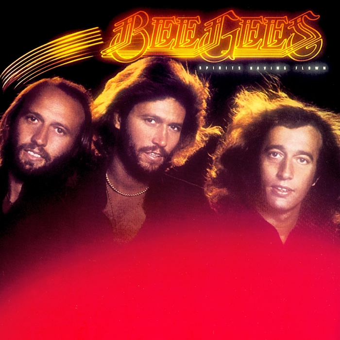 Bee Gees spirits having fun, brothers gibb with hair flowing and a red gradient bubble