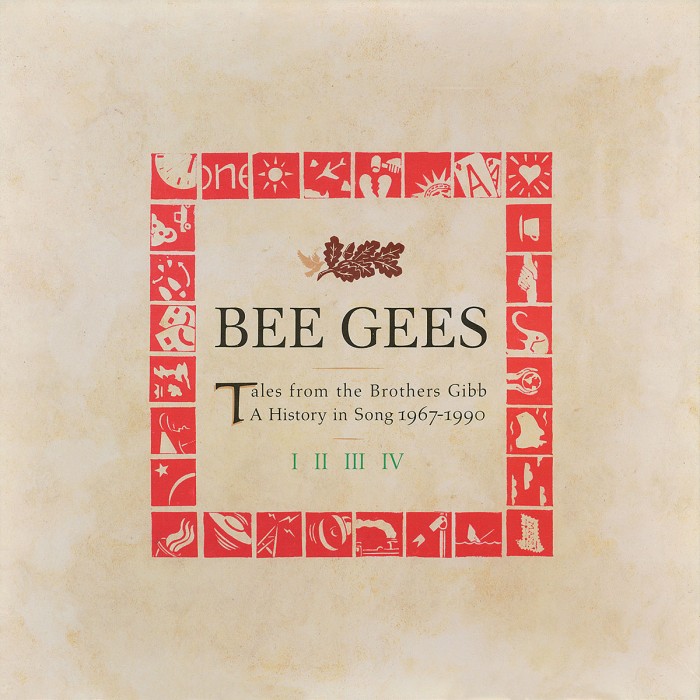 Bee Gees, tales from teh brother gibb, a history in song, 1967-1990, parchment paper background, red stamped square, leaf stamp