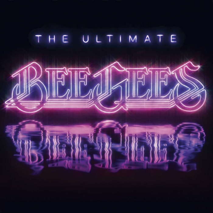 The Ultimate Bee Gees, pink and purple neon title, black background reflective and blurred neon pink/purple puddle, bright glare.