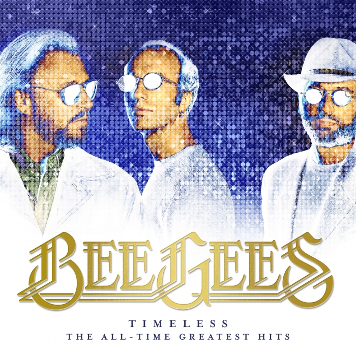 Bee Gees, Timeless, all time greatest hits, pixelated, blue purple background, three men  in white with sunglasses, gold album title.
