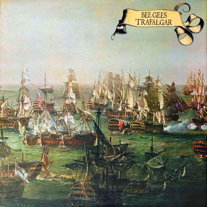 Bee Gee, trafalgar, illustration, rolled parchment paper banner, 18th century ships in the sea